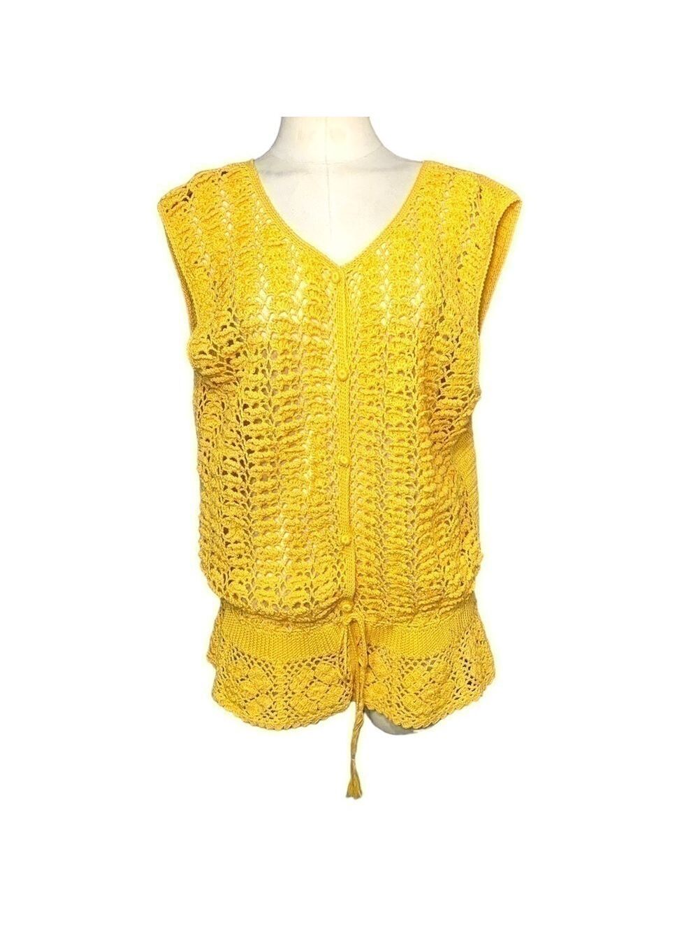 Vintage Kroshetta Crochet Knit Sweater Yellow Sz L Front Button V-Neck